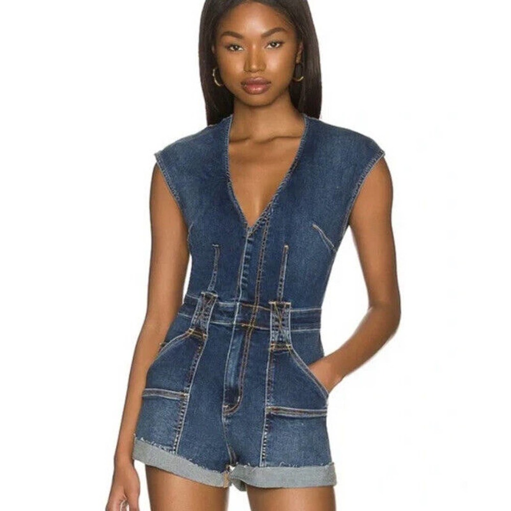 Free People CRVY Lolita Playsuit Denim Shorts Romper in Indigo